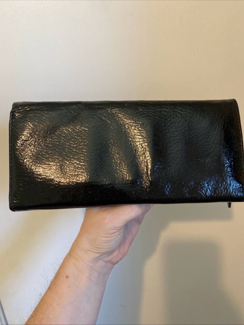 HOBO Black Patent Fold-Over Clutch with Diagonal Zip Magnetic Closure - Picture 3 of 15